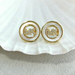 Michael Kors Pave Logo Gold Crystal Disc Stud Earrings MKJ7764 NEW AUTHENTIC